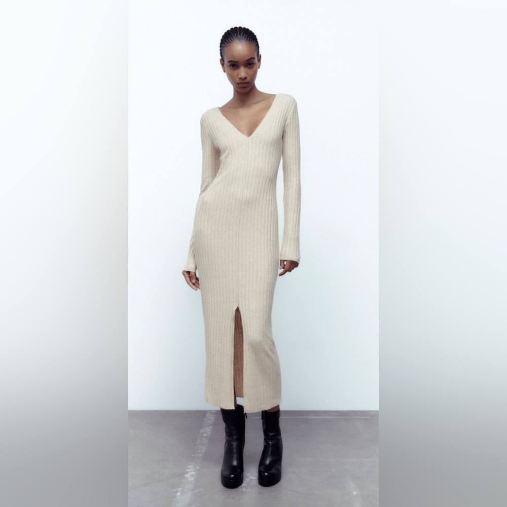 Zara Beige Long Sleeve Knit Dress